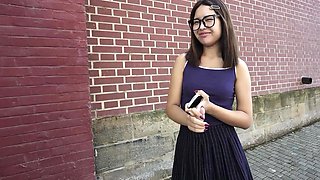 Cute Asian nerdy girl in glasses is picked up for her first casting sex