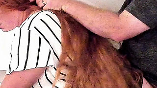 Teacher Lets Her Long Red Hair Down for Rough Hair Pulling Fuck Bent Over Desk