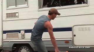 Redhead beauty hard double penetration in a gang bang with papy voyeur