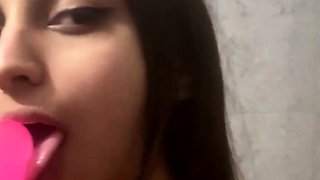 Hot daughter hides from her parents and Sucks a Dildo