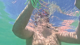 Naughty Blonde Pees in the Ocean Outdoor and Swimming Underwater