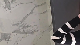 See Through Skirt and Red Thong She Takes off Turns Into a Seduction Point in the Bathroom with Long Legs Secretary