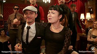 Big tits slave bound and vibed at party