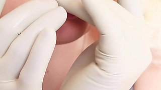 Sucking a dildo in medical gloves, cum on the face! Arya Grander