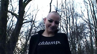 Shaved Head Babe Spreads Pierced Pussy Dripping Cream