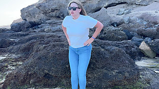 Peeing in Tight Jeans on the Beach
