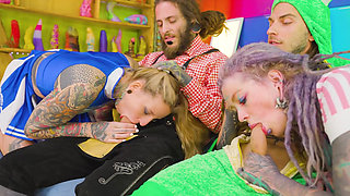 Naughty Tattooed Girls Double Anal - 2 Cocks vs 2 Holes Facial Finish