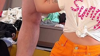 POV Handjob with a Big Cum Load on Her Cute Beautiful Face and Small Mouth After an Intense and Long CFNM Teasing