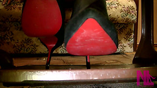 Vintage_sewing on My Granny's Old Sewing Machine in Black Pantyhose and Suede Louboutins