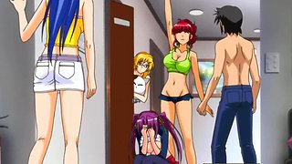 Blondes with big boobs in a steamy anime threesome on the bed