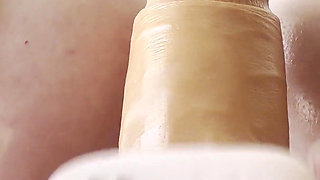 Blonde MILF Big Oiled Tits Nipple Play Sloppy Dildo Blowjob and Cum in Mouth