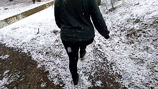Slapping Her Tits While Hiking Through the Snow