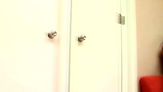 Tanned ladyboy strips her black and white panties and plays