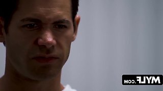 A buxom, impeccably composed Nurse Ratched, featured in a film spoof, bestows an ardent fellatio upon her charge.