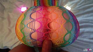 Homemade Sex Tape: Horny GF with Huge Tits in Fishnet Sucks & Fucks in Doggy with Loud Moans - Lilykoti