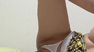 Camel Toe Swallow Thong Panties, Girl in Mini Student Uniform Is Working Out in a Girls' Dormitory Room in Japan