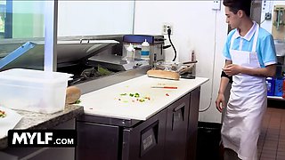 Mylf - big titted blondie milf Nina Elle whips her massive hooters out and makes teen stud cover them in jizz