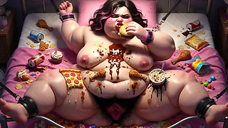 Obese BBW in Bondage Surrounded by Food - Begging for Huge Dick Inside Her