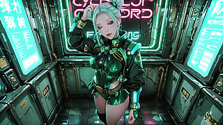 The Green Armored Girl! Silver-haired Valkyrie kneeling and glancing back, fingertips tracing her cold metallic suit.