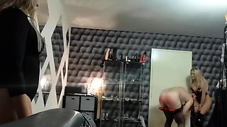 Femdom fetish blonde makes cuckold lick cumshot