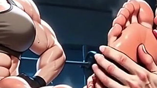Old Woman Humiliated by Muscular Woman Foot Worship in Gym