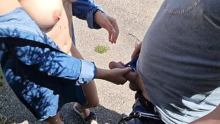 In the Parking Lot, Two Strangers Masturbate and Cum on Their Tits, Handjob