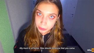 While Parents Are at Home We Fuck in the Staircase - Cum in Panties and Wear - POV