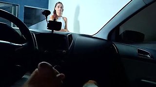Risky Roadside Blowjob - Amateur Redhead MILF with Glasses Gives Handjob in Car at Beach