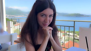 Slender brunette girl meets a stranger at the hotel cafe and invites him to her room for some wild banging