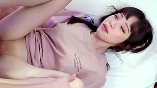 Brunette lady in pink T-shirt rides her dude as cowgirl
