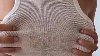 Blonde Housewife with big boobs masturbates with huge dildo
