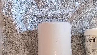 I Squat on a Series of small bottles. Male anal insertion and cum