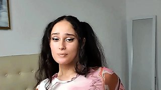 Busty curly brunette with big boobs fucks on couch