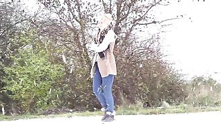 Outdoor solo pissing with a long-haired blonde Bianca Ferrera
