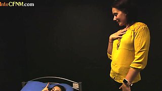 CFNM Ebony jerking knob in femdom group sex action till spunk