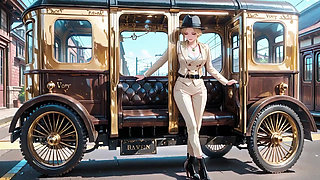 Leaning Against the Vintage Train Door, She Runs Her Hand Down Sheer Stockings While Gazing with a Cold yet Misty Look