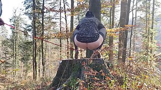 Desperate Teen Slut Leashed Outdoor Pissing and Anal with Mature Lesbian