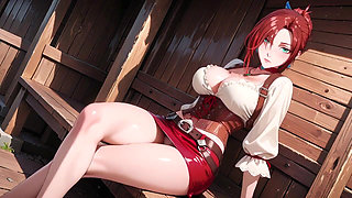 Lazy Tease on the Sun-drenched Porch, Corset Cinching Her Curves, Fingertips Grazing Chest, That Taboo Gaze in the Sunlight
