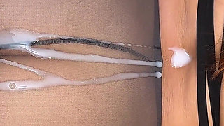 MILF Masturbates for Older Boyfriend in Her Pantyhose and Gets His Cum on Her Ass
