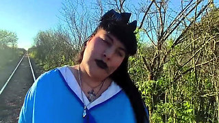 Goth Doll in the Middle of Nature Sucking Cock BJ Outdoors
