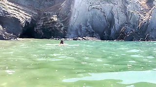 skinny teen gets horny on the public beach