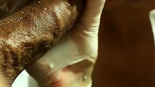 Sexy Doctor Blowjobs Patient's Cock with Latex Gloves -
