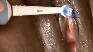 Pounding My Wet Pussy with Big Dildo Stimulating My Clit with Electric Toothbrush