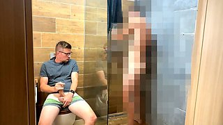 Steamy handjob session in the bathroom with legs that go on for days