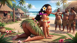 Exotic hula beauty on all fours, tribal men watching her curves (AI Generated)