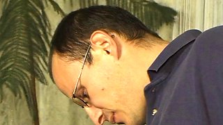 Hairy GILF in Glasses Gags on Big Cock