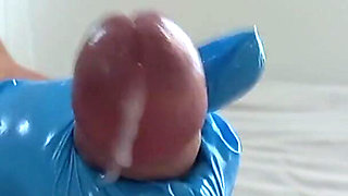 Asian Thick Blue Latex Gloves Cock Inspection - Intense Handjob & Creamy Cumshot POV