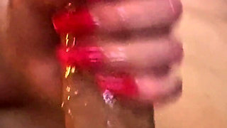 Red Nails Handjob Makes Bwc Cum on Her Fake Tits