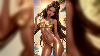 Brunette Elf Gold Bikini Sunset Beach Dance - Sexy AI Babes