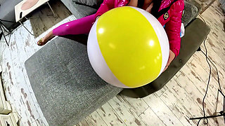 Glossy Pink Downjacket MILF Beach Ball Fetish. Deepthroat, Doggy and Triple Cum